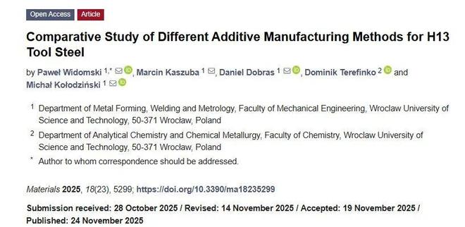 Kaiyun：研究人员对比不同金属3D打印方法成形H13工模具钢评估工业应用适用性